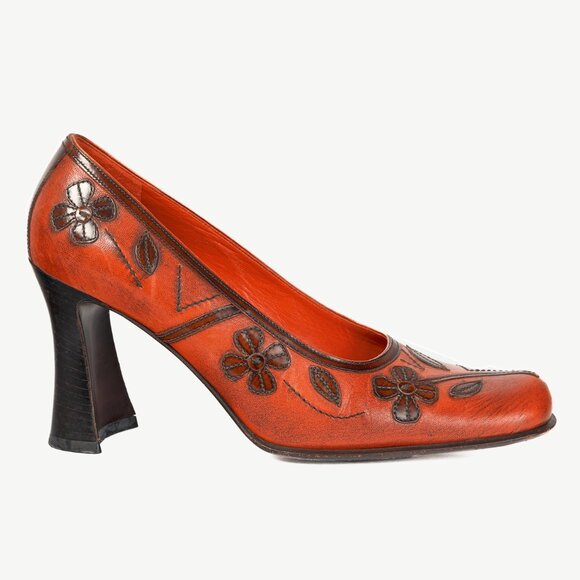 Prada AW/96 Orange Leather Floral-Applique Pumps - Picture 1 of 9